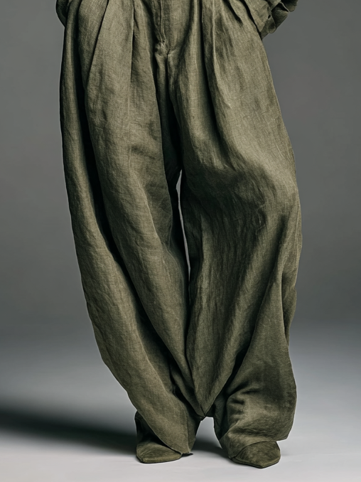 Women's Fashion Cotton And Linen Blended Long Sleeve Shirt Wide Leg Pants Two-Piece Set MDA3076G5Y