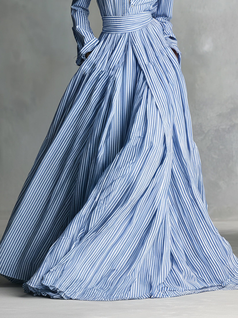 Women's Striped Polyester-cotton Blend Shirt Collar Belt Maxi Dress MDA0656K7Y