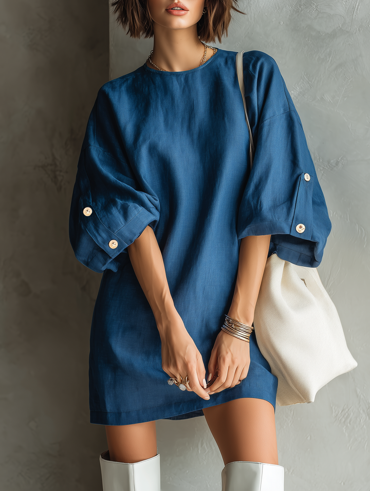 Women's Minimalist Loose-fitting Linen Blend Mid-sleeved Mini Dress MDA2341L0Y