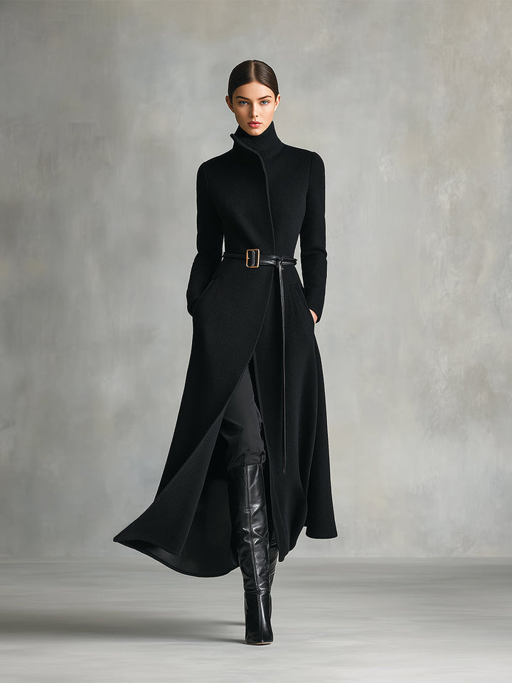 Women's Black Elegant Wool - Blend Turtleneck Belted Maxi Coat (without belt) MDA2807H5I