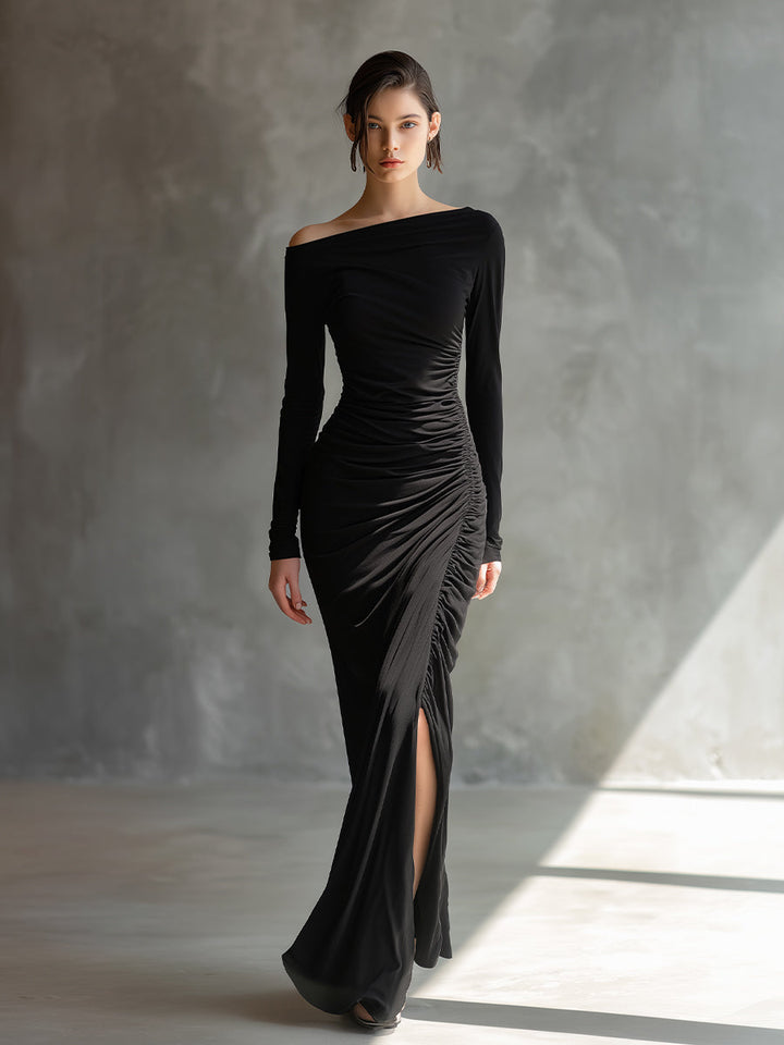 Women's Black Elegant Jersey Off - Shoulder Ruched Slit Maxi Dress MDA2125H9I