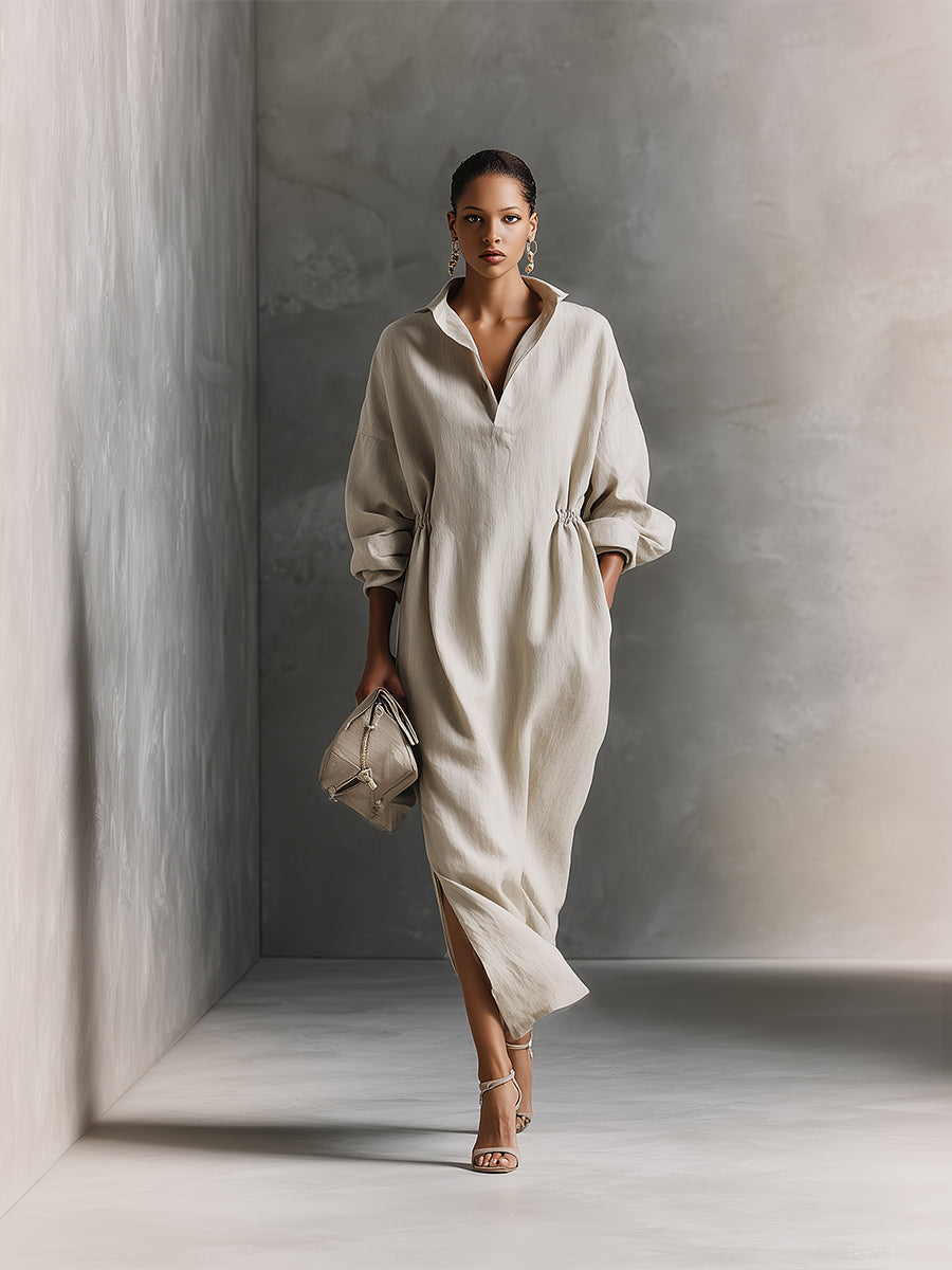 Women's Beige Relaxed Cotton Drawstring - Detail Maxi Dress MDA1121H0I