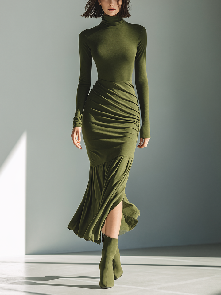 Women's Army Green Stretch Knit High Neck Pleated Slim Fit Maxi Dress MDA0556K1T