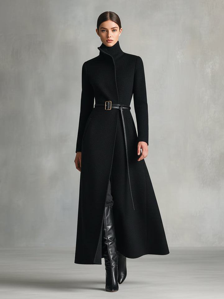 Women's Black Elegant Wool - Blend Turtleneck Belted Maxi Coat (without belt) MDA2807H5I