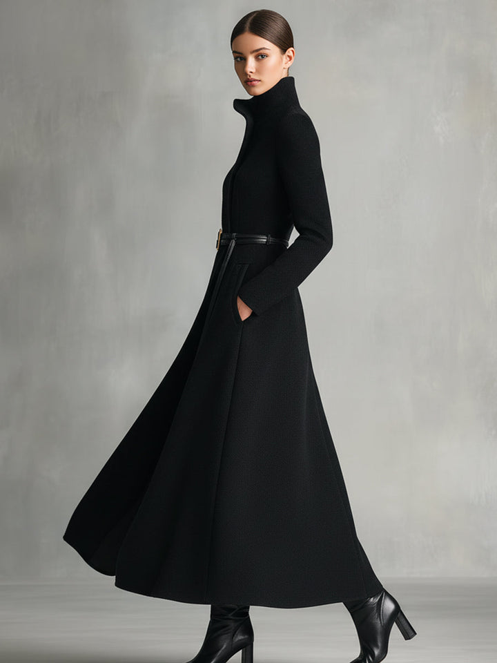 Women's Black Elegant Wool - Blend Turtleneck Belted Maxi Coat (without belt) MDA2807H5I