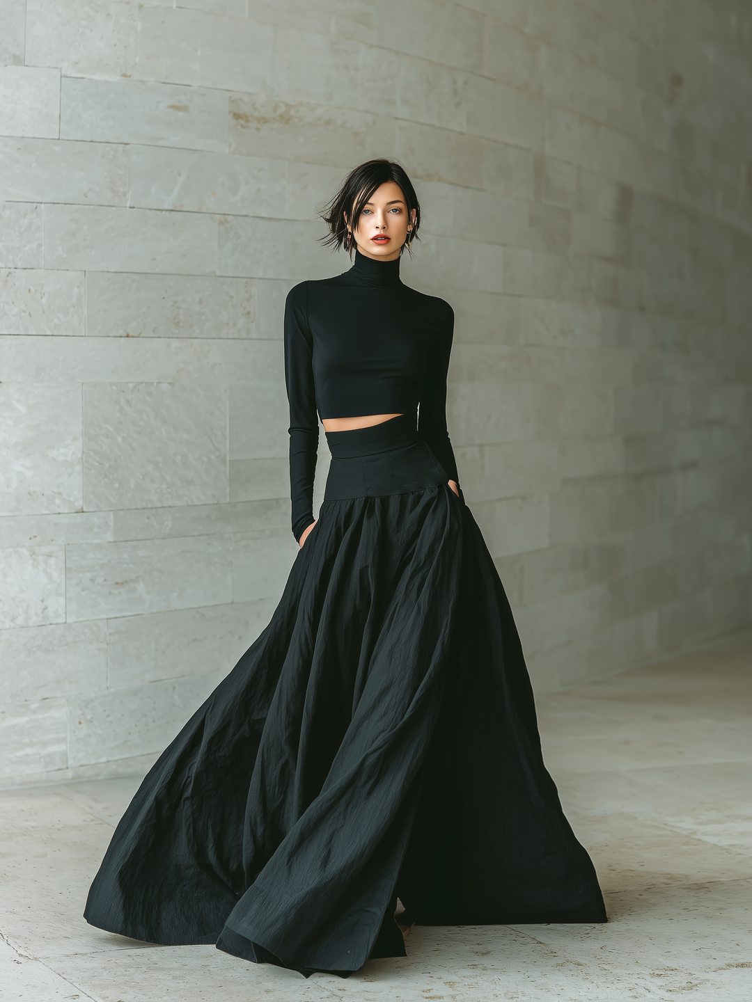Women's Fashionable And Elegant Black Fitted Turtleneck Long-sleeved Cropped Top Paired With A Black Long Skirt MDA2692K3AN
