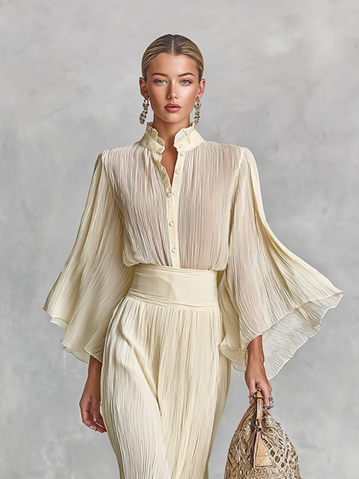 Women's Pleated Chiffon Stand Collar Trumpet Sleeve Shirt Slit Floor Length Skirt Two-piece Set MDA2202G8Y