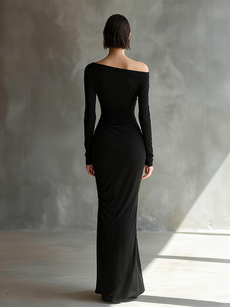 Women's Black Elegant Jersey Off - Shoulder Ruched Slit Maxi Dress MDA2125H9I