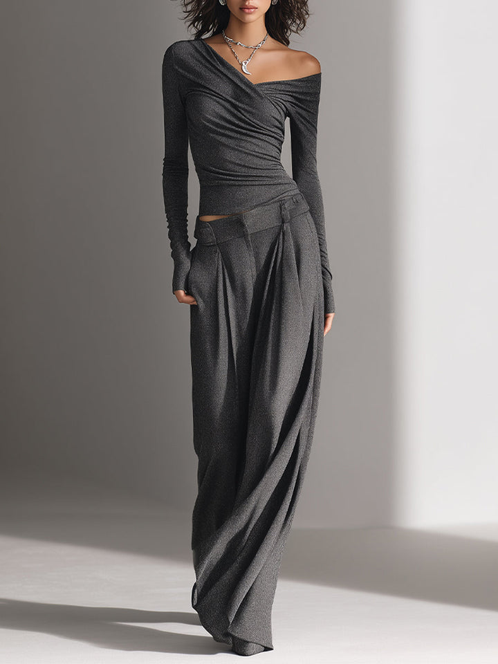 Women's Charcoal Gray Textured Stretchy Set With Off-the-Shoulder Top & Wide-Leg Pants, Modern Edgy-Chic Style Set MDA1685L4I
