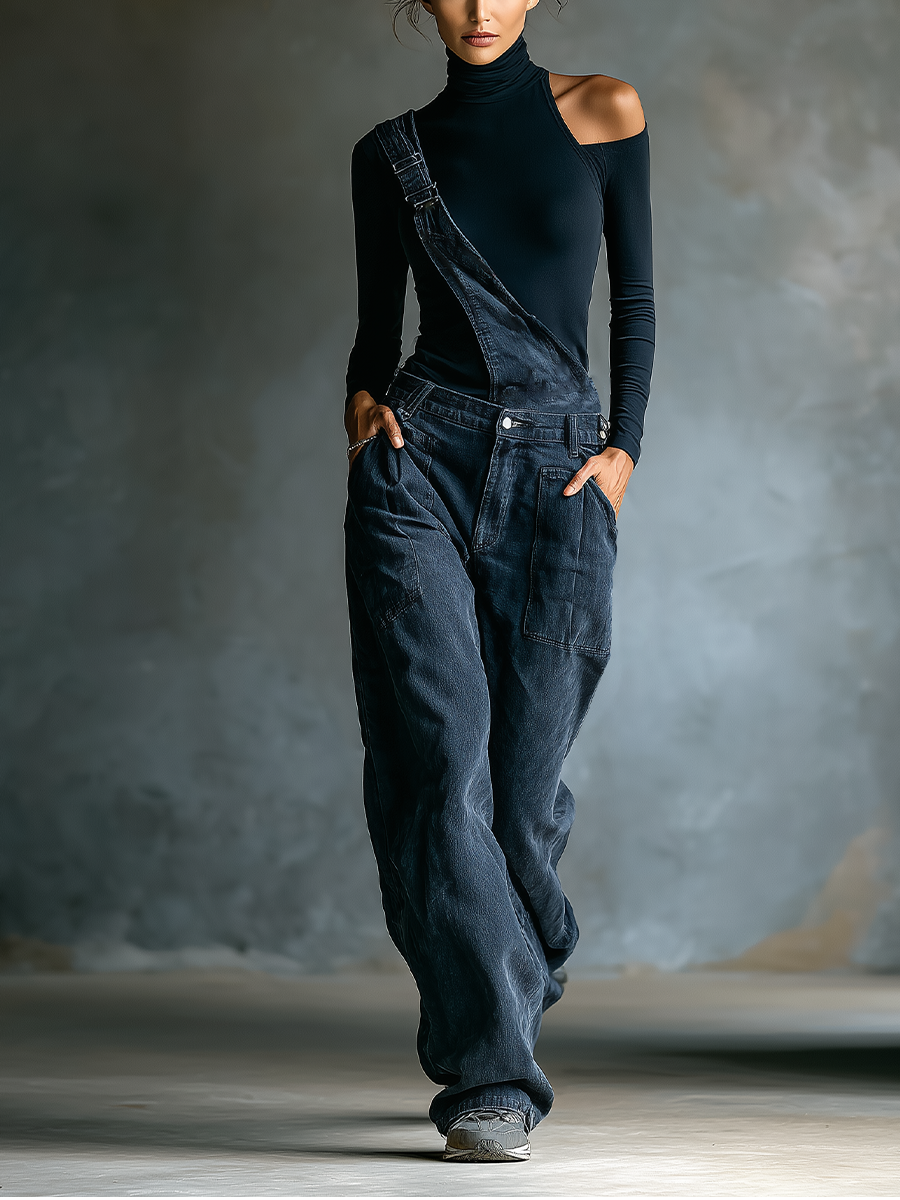 Women's Black Cotton One-shoulder Turtleneck Top And Blue-grey Denim Loose-fitting Overalls Set MDA2045K8T
