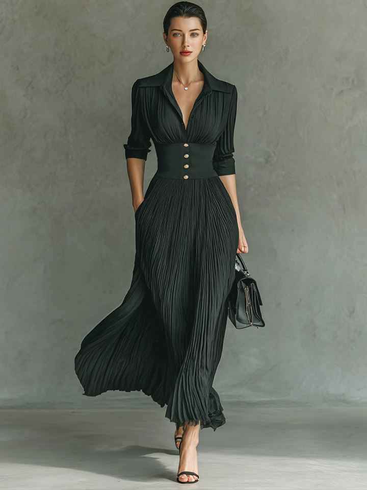 Women's Solid Color Pleated Lapel Waist Long Sleeve Maxi Dress MDA0826G1Y
