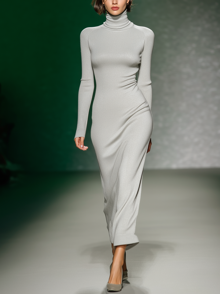 Women's Elegant Light Gray Collared Slim-fit Knitted Long-sleeved Dress MDA2328L7AN