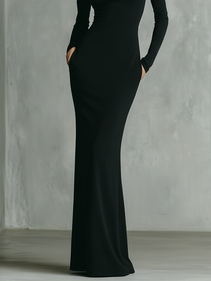 Women's Minimalist High-neck Long-sleeved Fitted Maxi Dress MDA2239K0Y