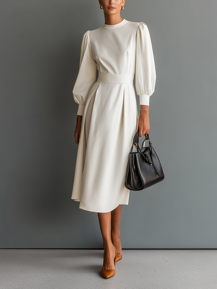 Women's Elegant White Slightly Stretchy Knit Round Neck Long Sleeve Slim Fit Midi Dress MDA2313L4AN