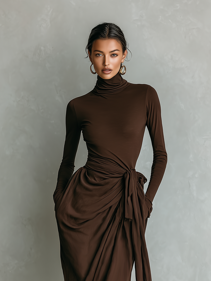 Women's Elegant Dark Brown Stretch Knit Turtleneck Long-sleeved Slim-fit Maxi Dress MDA1915L2AN
