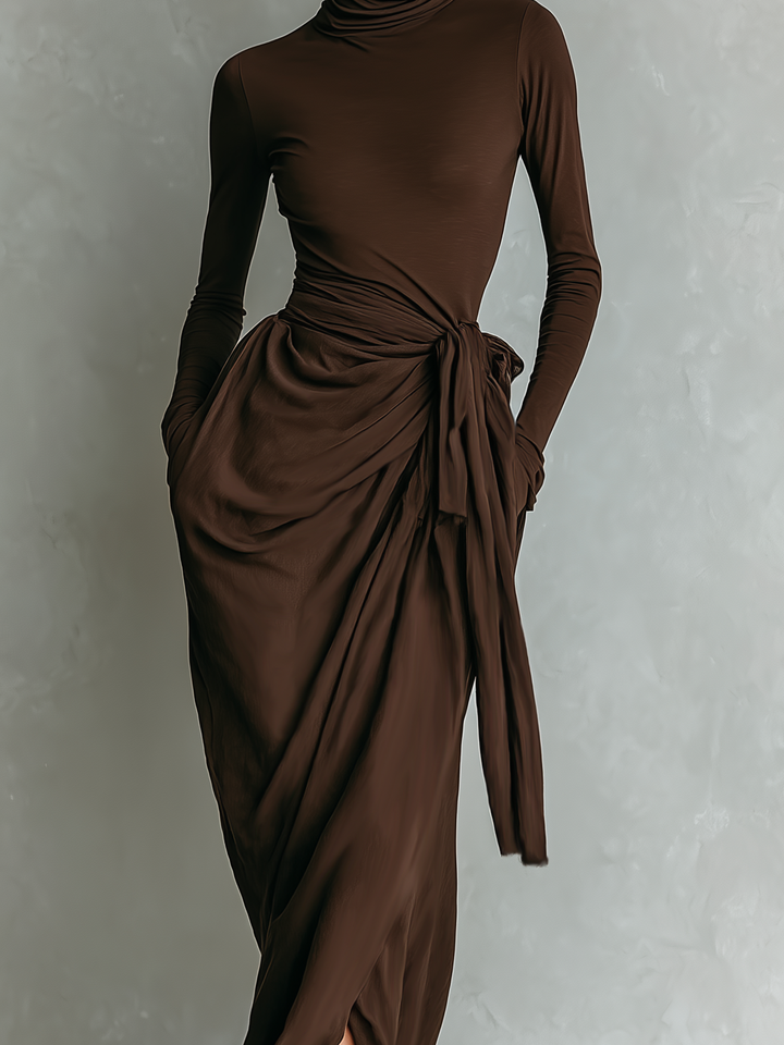 Women's Elegant Dark Brown Stretch Knit Turtleneck Long-sleeved Slim-fit Maxi Dress MDA1915L2AN