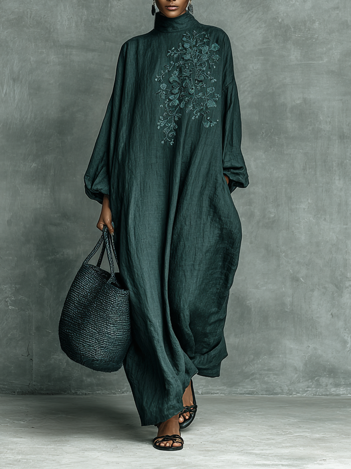 Women's Loose Cotton And Linen Blend Shoulder Embroidery Half-high Collar Long-sleeved Maxi Dress MDA1563H7Y