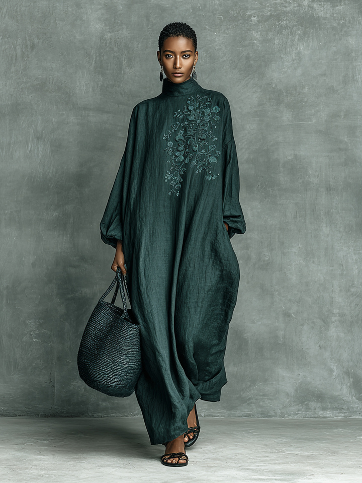 Women's Loose Cotton And Linen Blend Shoulder Embroidery Half-high Collar Long-sleeved Maxi Dress MDA1563H7Y