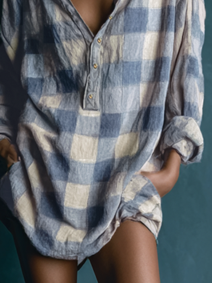 Women's Loose Washed Plaid Henley Collar Long-Sleeve Mini Dress MDA1289H0Y