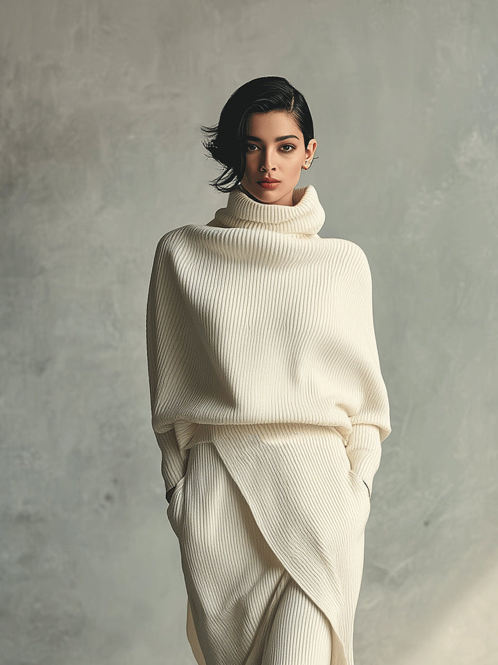 Women's Cream Elegant Rib - Knit Cowl Neck Wrap Skirt Set MDA1348H3I