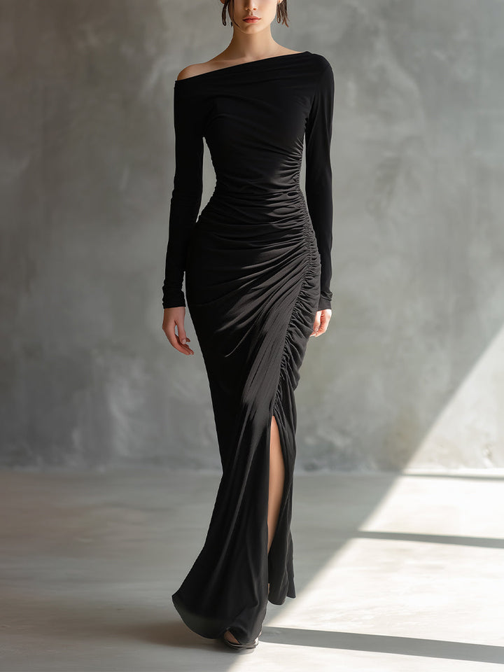 Women's Black Elegant Jersey Off - Shoulder Ruched Slit Maxi Dress MDA2125H9I