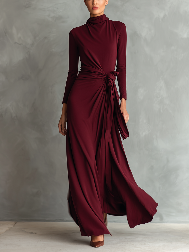 Women's Elegant Dark Red Stretchy Knit Long-sleeved Maxi Dress MDA2569L8AN