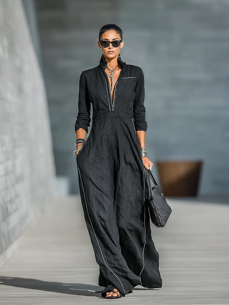 Women's Cotton And Linen Blend White Trim Button Stand Collar Maxi Dress MDA0702H2Y