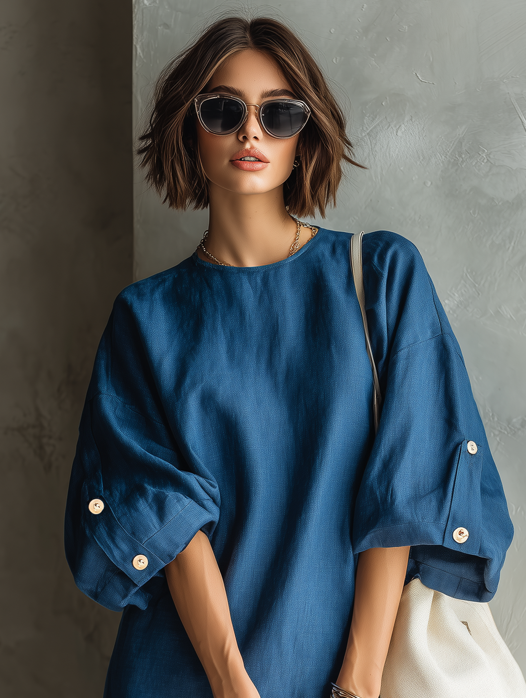 Women's Minimalist Loose-fitting Linen Blend Mid-sleeved Mini Dress MDA2341L0Y