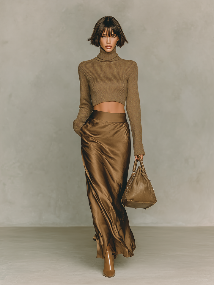 Women's Fashionable Gold-brown Turtleneck Long-sleeved Knit Top Paired With A Satin Midi Skirt MDA0982L5AN