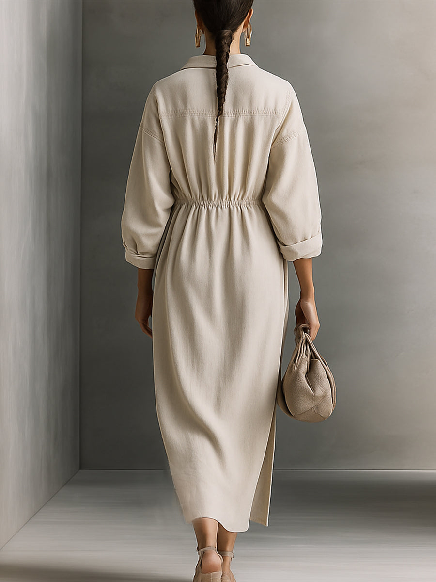 Women's Beige Relaxed Cotton Drawstring - Detail Maxi Dress MDA1121H0I