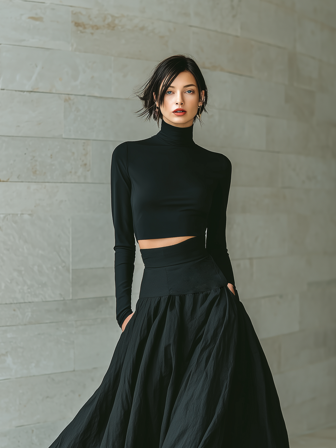 Women's Fashionable And Elegant Black Fitted Turtleneck Long-sleeved Cropped Top Paired With A Black Long Skirt MDA2692K3AN