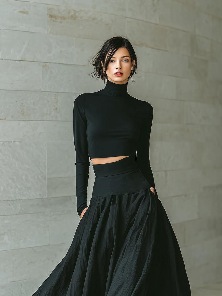Women's Fashionable And Elegant Black Fitted Turtleneck Long-sleeved Cropped Top Paired With A Black Long Skirt MDA2692K3AN