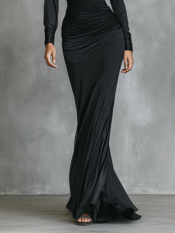 Women's Black Elegant Satin One - Shoulder Ruched Mermaid Maxi Dress MDA2278I0I