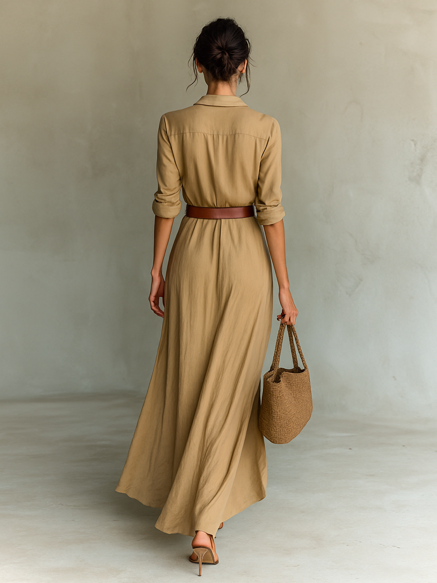 Ladies Lapel Single Breasted Long Sleeve Belted Maxi Dress MDA1500G4Y