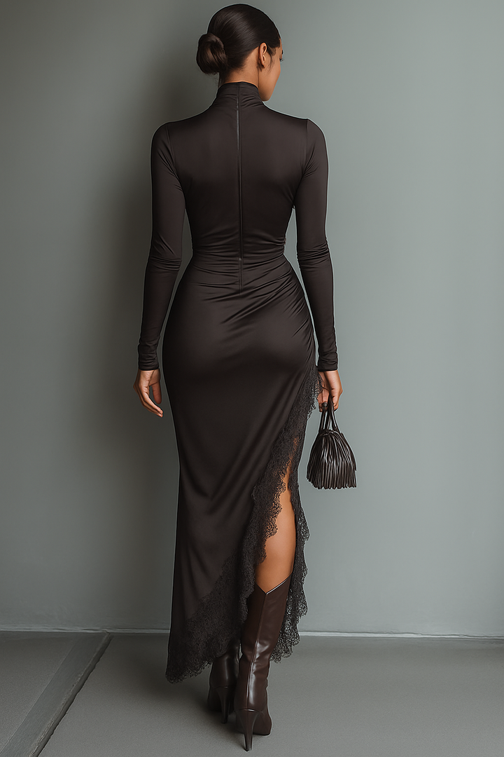 Women's Dark Brown Satin Irregular Hem Lace Slim Maxi Dress MDA0501H1T