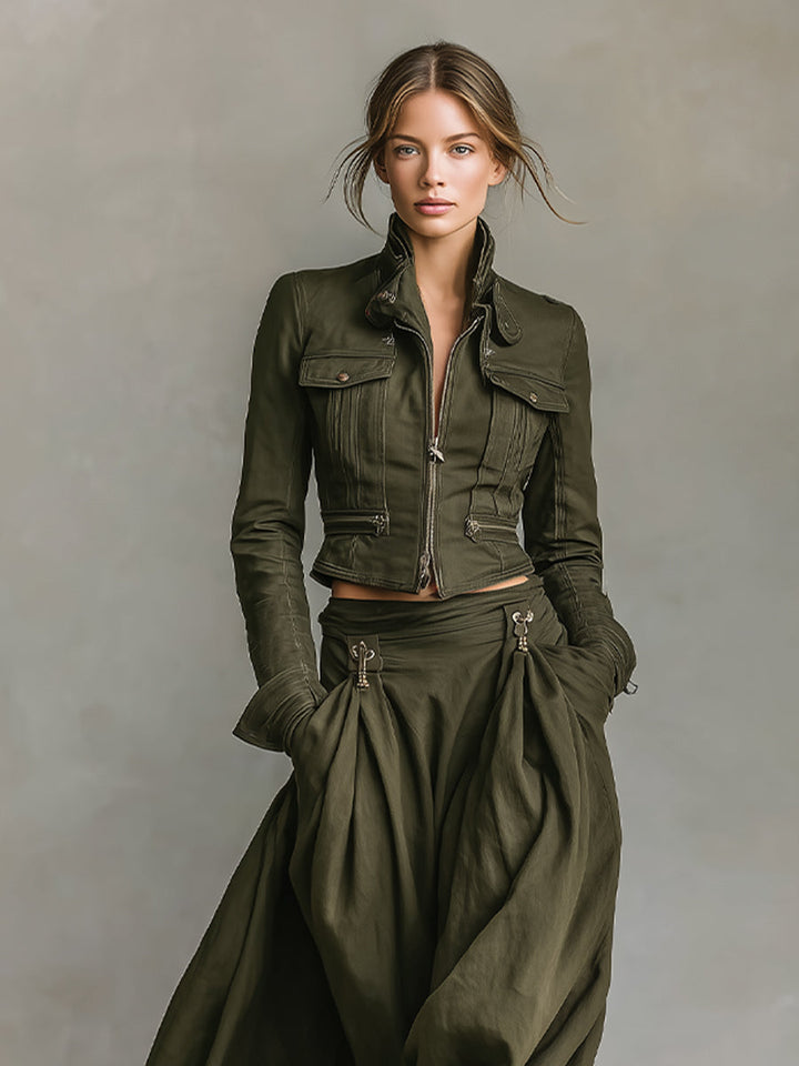 Women's Green Edgy 100% Cotton Zip - Front Cropped Jacket And Maxi Skirt Set MDA1819I7I
