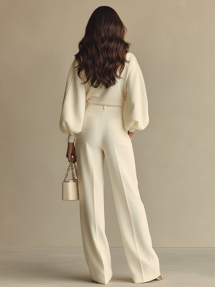 Women's Ivory Textured Set With Ribbed Crew Neck & High-Waisted Bottoms, Modern Sophisticated Style Set MDA2231L6I