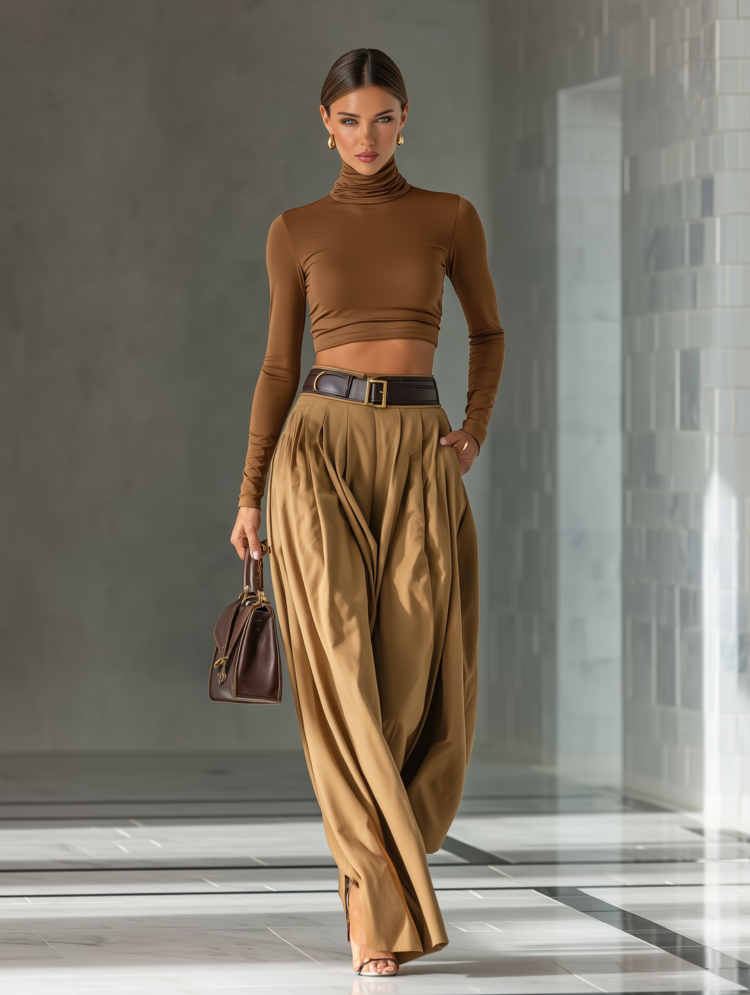 Women's Blended Brown Top And Wide-leg Pants Set MDA1209H0T