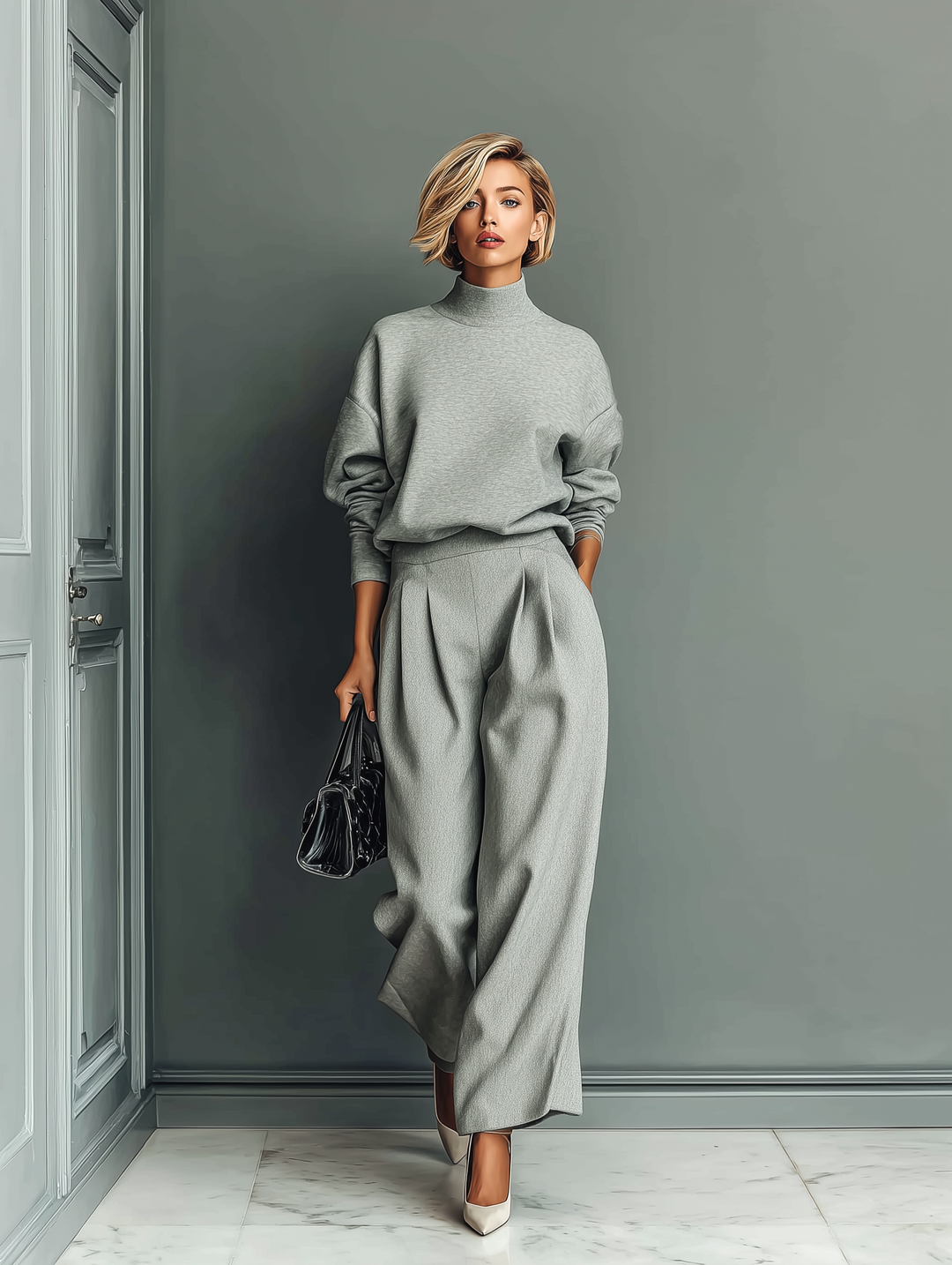 Women's Grey Blended Sweatshirt Wide-Leg Pants Set MDA1603H6T