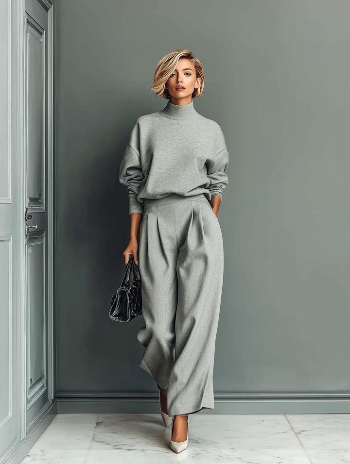 Women's Grey Blended Sweatshirt Wide-Leg Pants Set MDA1603H6T