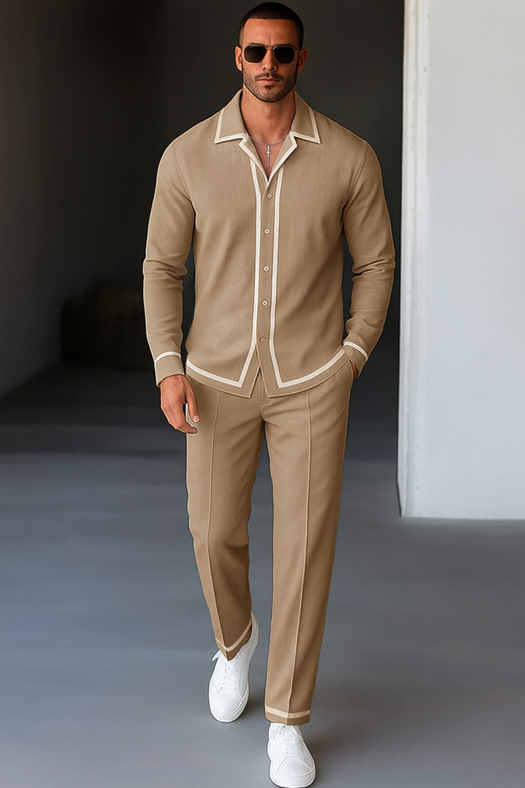 Casual Contrast Trim Shirt Pants Set