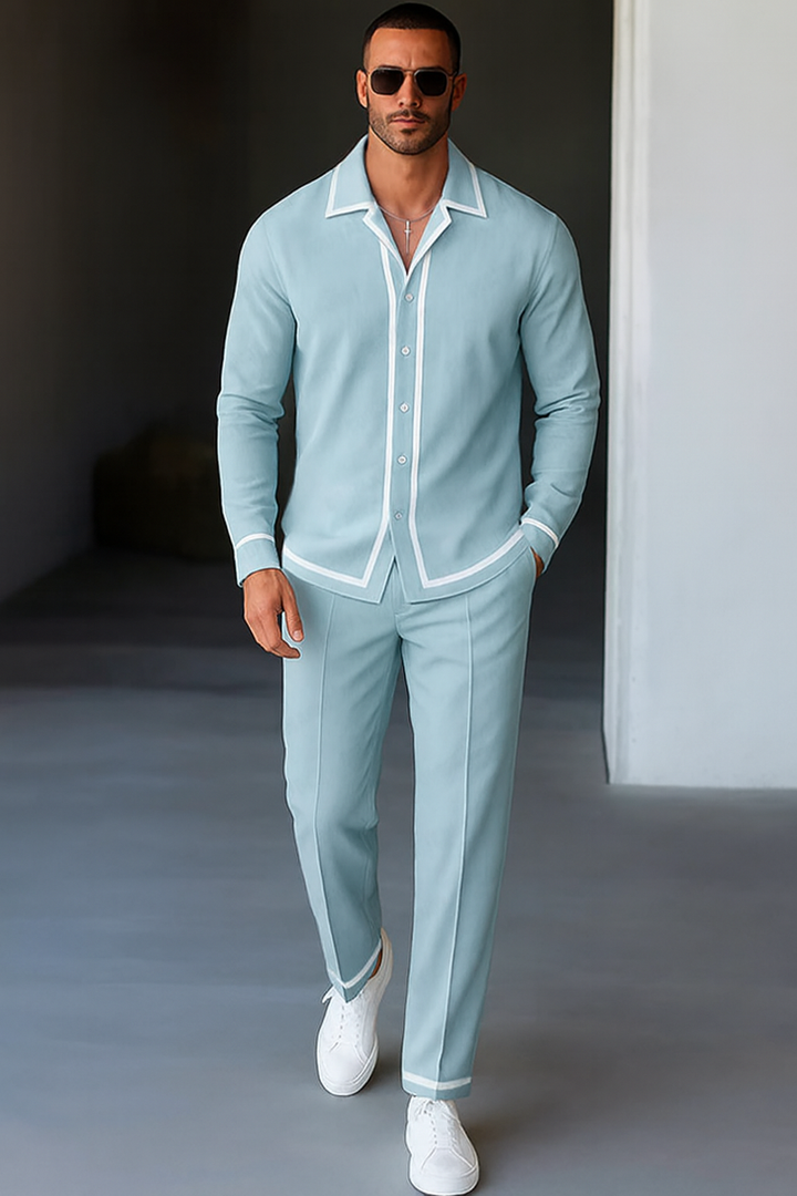 Casual Contrast Trim Shirt Pants Set