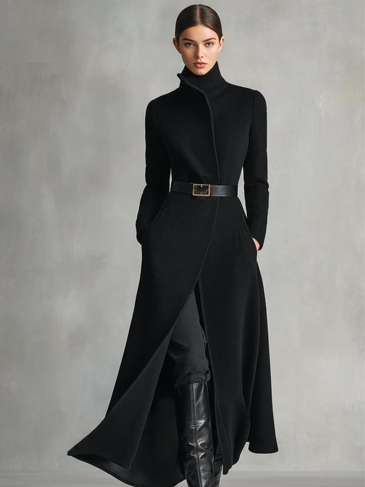 Women's Black Elegant Wool - Blend Turtleneck Belted Maxi Coat (without belt) MDA2807H5I