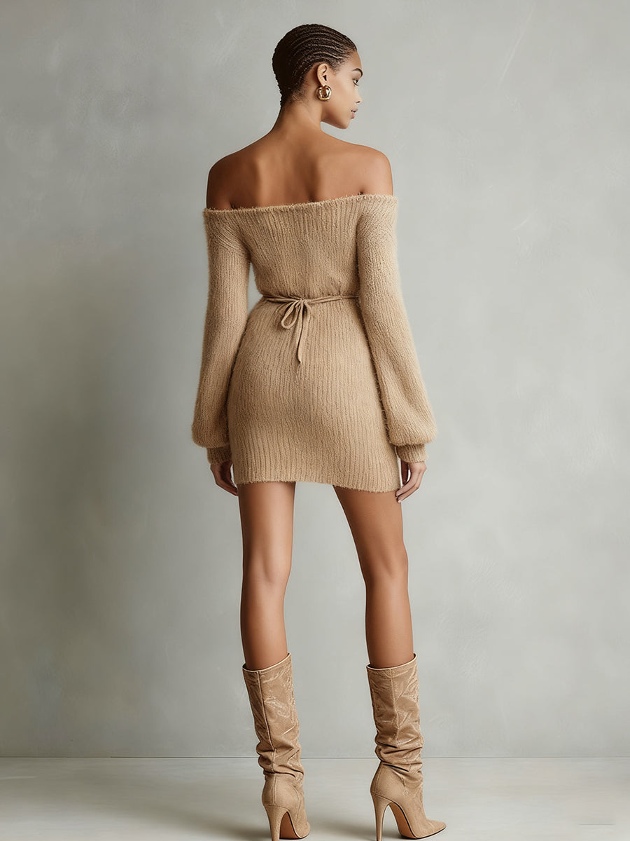 Women's Camel Elegant Fuzzy Knit Off - The - Shoulder Belted Mini Dress MDA0419I2I